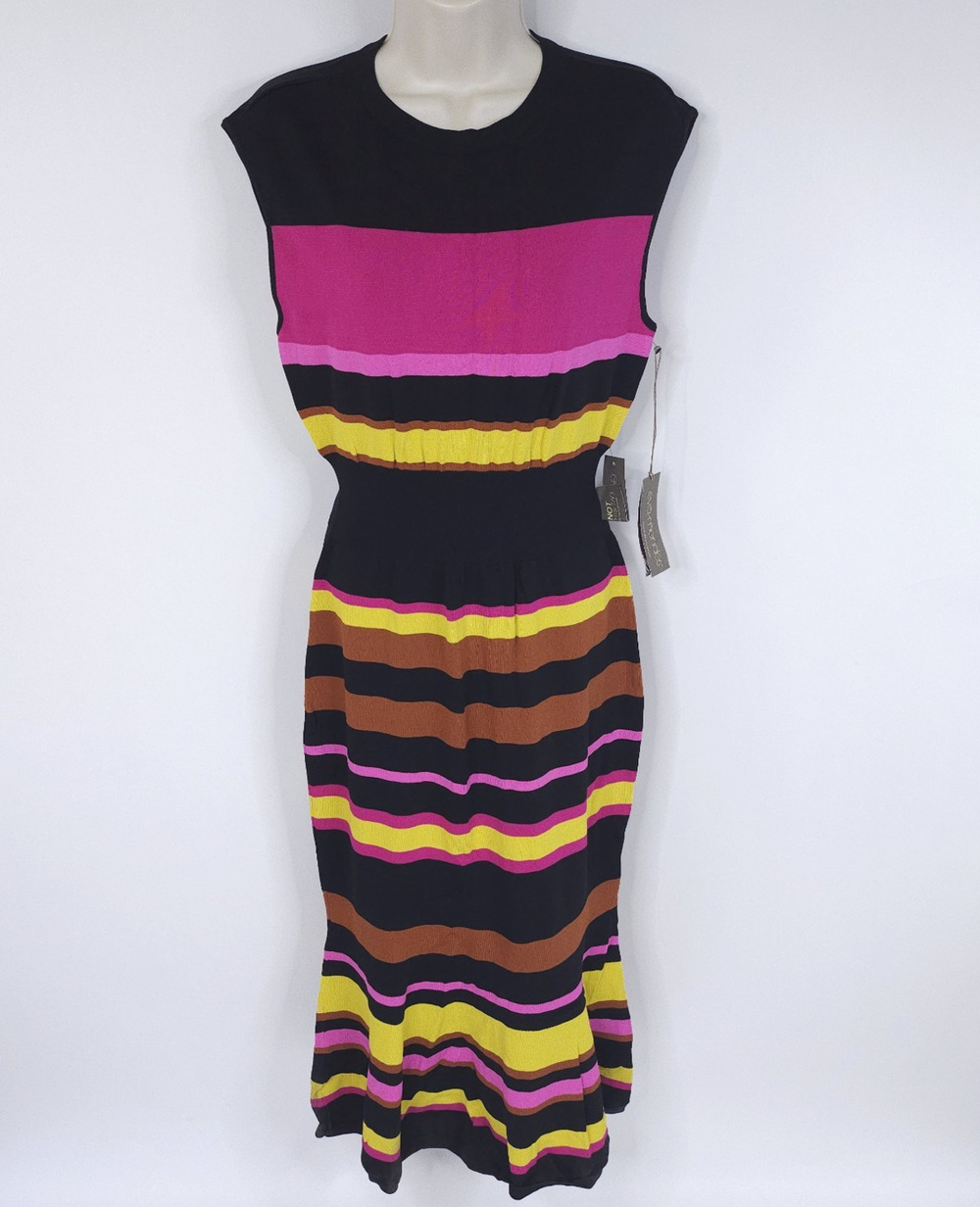 Eva Mendes Women's Large Striped Knit Midi Dress Black Pink Yellow Brown